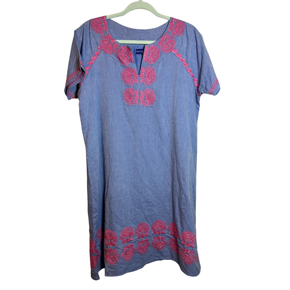 Ros Garden Blue Cotton Chambray Embroidered Tunic Shift Dress Pink Floral M Boho